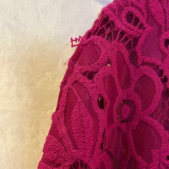 Magenta Lace Sheath Dress | Size 12 | Floral Overlay | Stretch Lined - Picture 5 of 7
